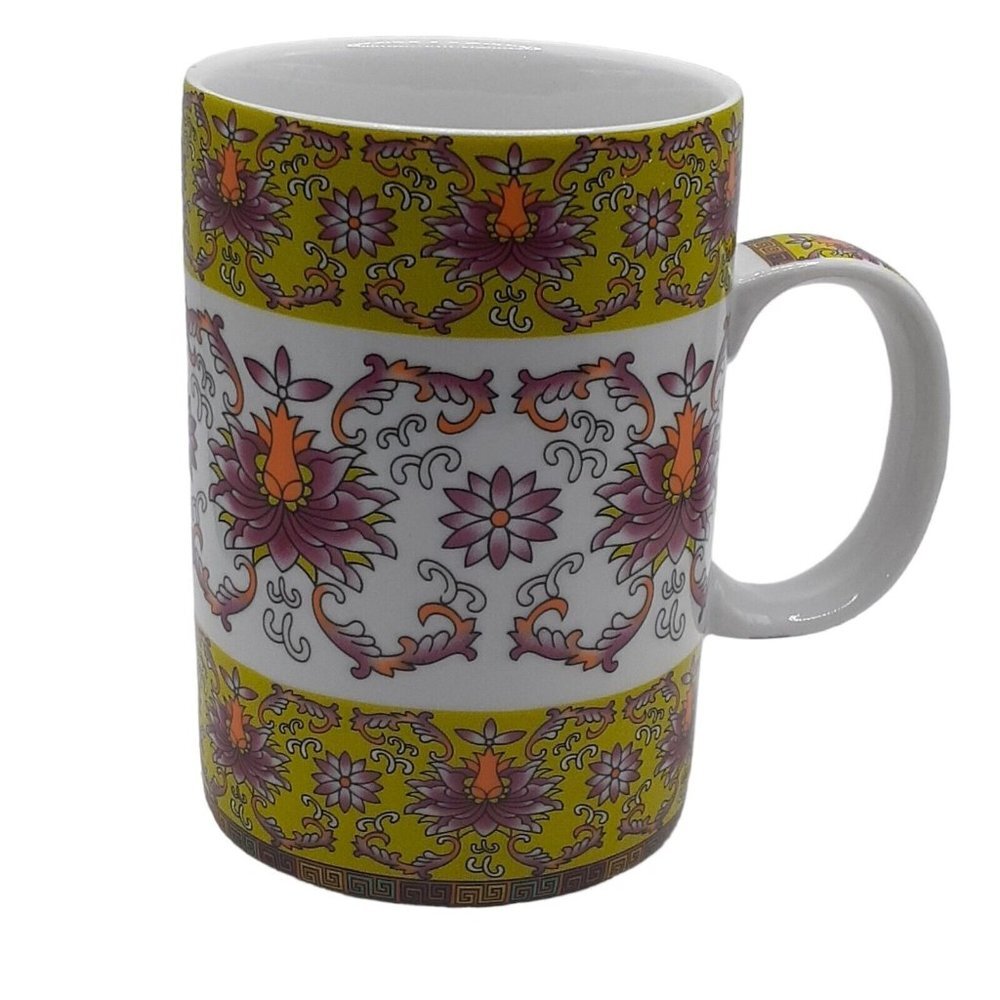 World Market BOHO Earthy Coffee Tea Mug Orange Green Pink Floral 4.4" 12oz